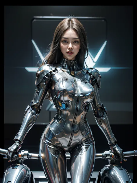 ((highest quality)), ((masterpiece)), ((Perfect Face))、（(Detailed Motorcycle)）、Detailed and clear photos、((Cyborg Woman))、((Cybo...