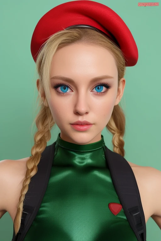 Cammy,Blonde,blue eyes,Long twin braids, Green leotard,Chest Harness,boots,Little red beret,No sleeve, Are standing,Upper Body, night, (Very detailed, Beautifully detailed face, masterpiece, highest quality), looking at viewer,