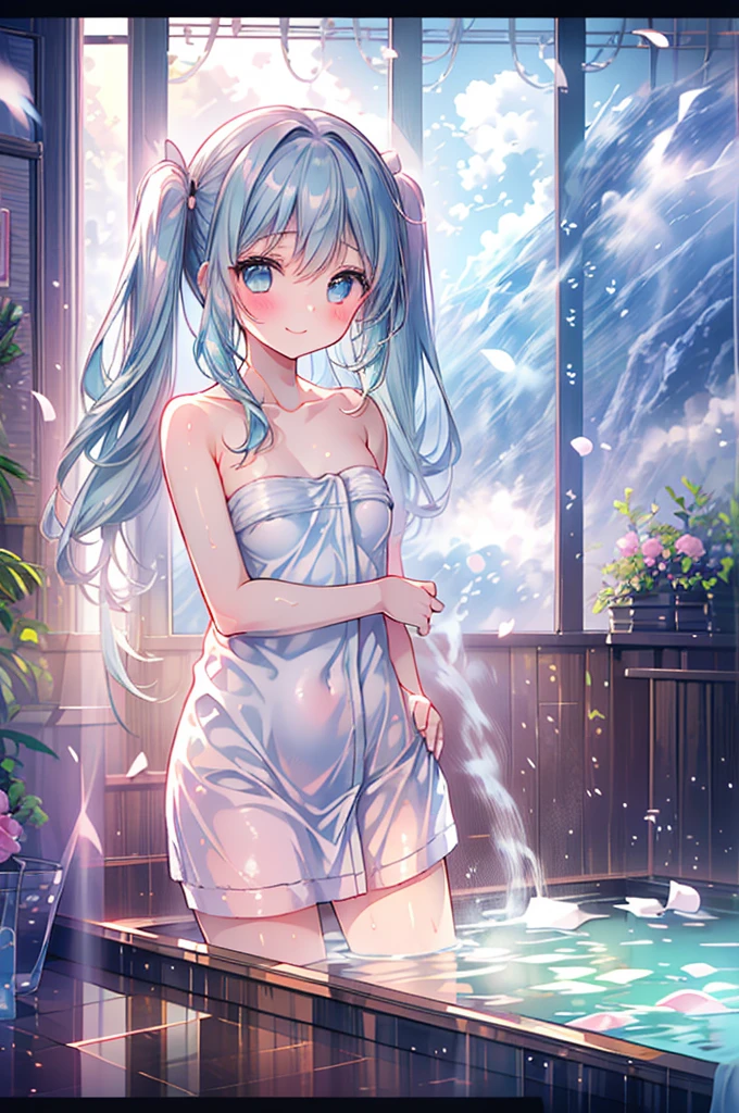 Masterpiece, best quality, extremely detailed, (illustration, official art: 1.1), ((((1 girl)))), ((light blue long hair))), light blue hair, 10 years old, ((blush)), cute face, big eyes, tareme, masterpiece, best quality, (a very delicate and beautiful girl)))), amazing, beautiful detailed eyes, blunt bangs (((little delicate girl)))), tareme (true beautiful: 1.2), small Girl,, Thief, Longhaire, Blush, Happy Smile,twintails, masterpiece, best quality, ultra-detailed, photorealistic, solo, straight hair, high twintails,  big eyes, slant eyes, baby face, smile, (dynamic angle:1.3), (open-air hot spring:1.3), (hot spring:1.2), (ocean view:1.3), (bath towel:1.3),Masterpiece, best quality, extremely detailed, (illustration, official art: 1.1), ((((1 girl)))), ((light blue long hair))), light blue hair, 10 years old, ((blush)), cute face, big eyes, tareme, masterpiece, best quality, (a very delicate and beautiful girl)))), amazing, beautiful detailed eyes, blunt bangs (((little delicate girl)))), tareme (true beautiful: 1.2), small Girl,, Thief, Longhaire, Blush, Happy Smile,twintails, masterpiece, best quality, ultra-detailed, photorealistic, solo, 15yo, green hair, straight hair, high twintails, green eyes, big eyes, slant eyes, baby face, smile, (dynamic angle:1.3), (open-air hot spring:1.3), (hot spring:1.2), (ocean view:1.3), (bath towel:1.3),rotenburo, {{jitome}}},turn around,shy ,onsen,sle,checkpoint,