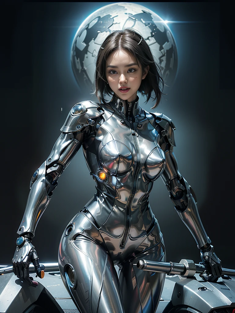 ((highest quality)), ((masterpiece)), ((Perfect Face))、（(Detailed Motorcycle)）、Detailed and clear photos、((cyborg woman))、((Cyborg riding sexy gunmetal jacket and leather pants))、((Riding on motorcycle))、((cybernetics))、Slender body、((Woman with a mechanical body))、Communication Headset、(((Steel Fingers)))、(((The body is mechanized)))、Full Body Shot、The background is a futuristic city、smile、（Big eyes and a beautiful face）,(Sexy cyber suit with high skin exposure）、（Sexy pose with butt sticking out）、（Teeth clean、Her natural smile is cute）、Laugh anyway