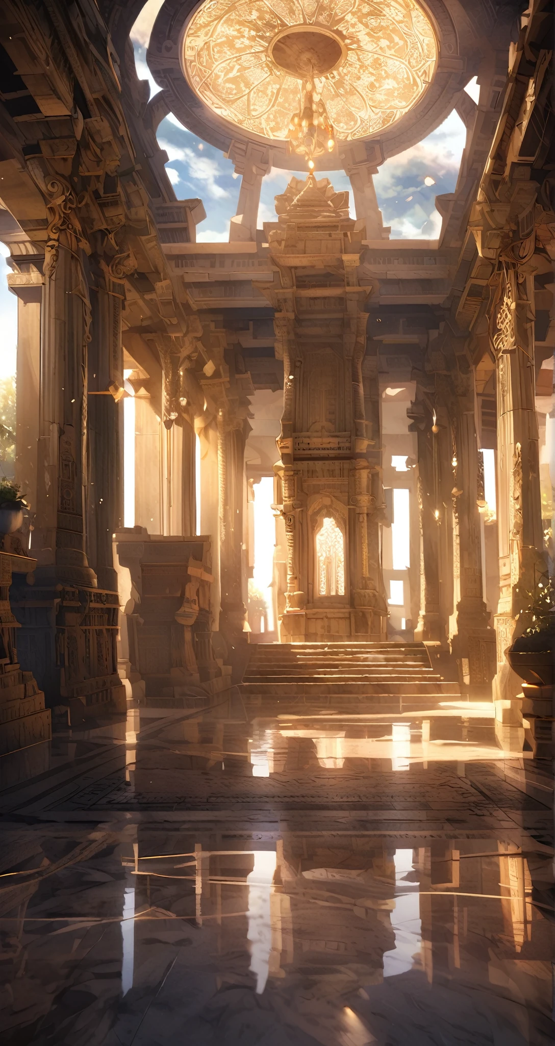 dust particles floating in the air, intricate carvings on the temple walls, sacred artifacts scattered on the ground, soft ethereal glow, mysterious atmosphere, ancient and mystical energy, reflections on the polished marble floor, divine aura, delicate chandeliers hanging from the ceiling, ornate pillars supporting the temple structure