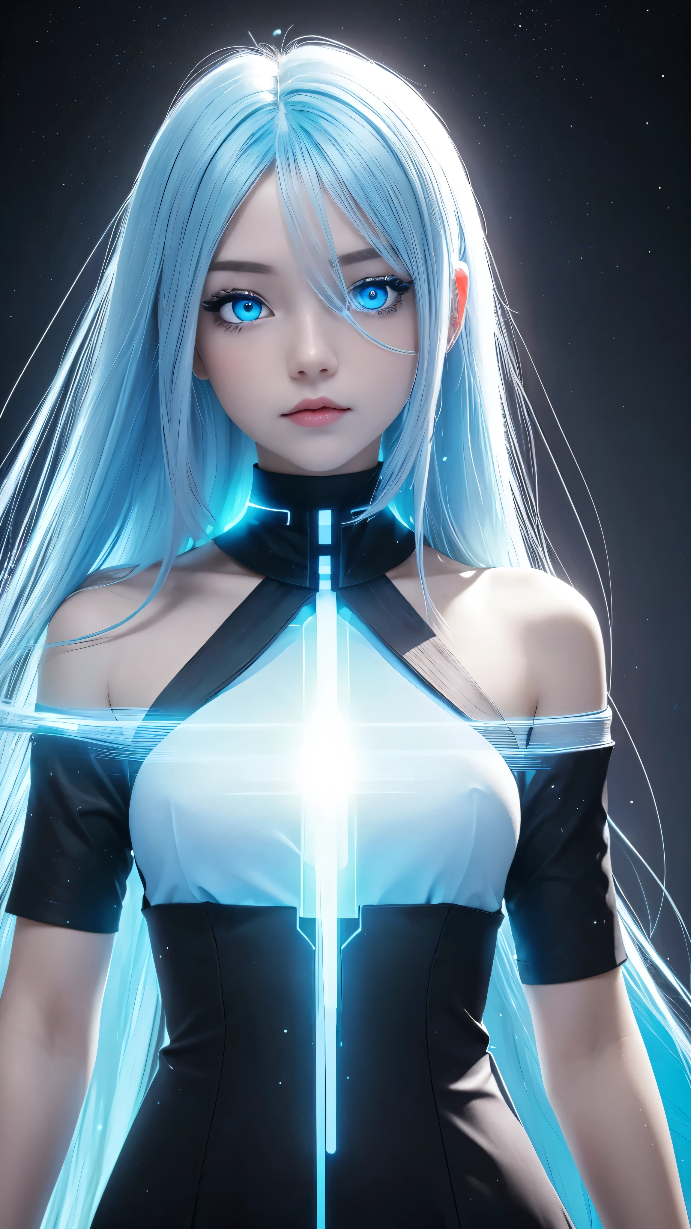 ((masterpiece)), (best quality), (detailed), (1girl), (inner data stream) light blue gradient hair, light blue glowing eyes, straight hair, wearing a modern white shirt and black dress, covered by data particles, locked around the neck