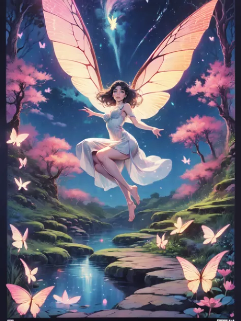 ((best quality)), ((masterpiece)), (detailed), ethereal beauty, perched on a pink blossom tree, (fantasy illustration:1.3), ench...