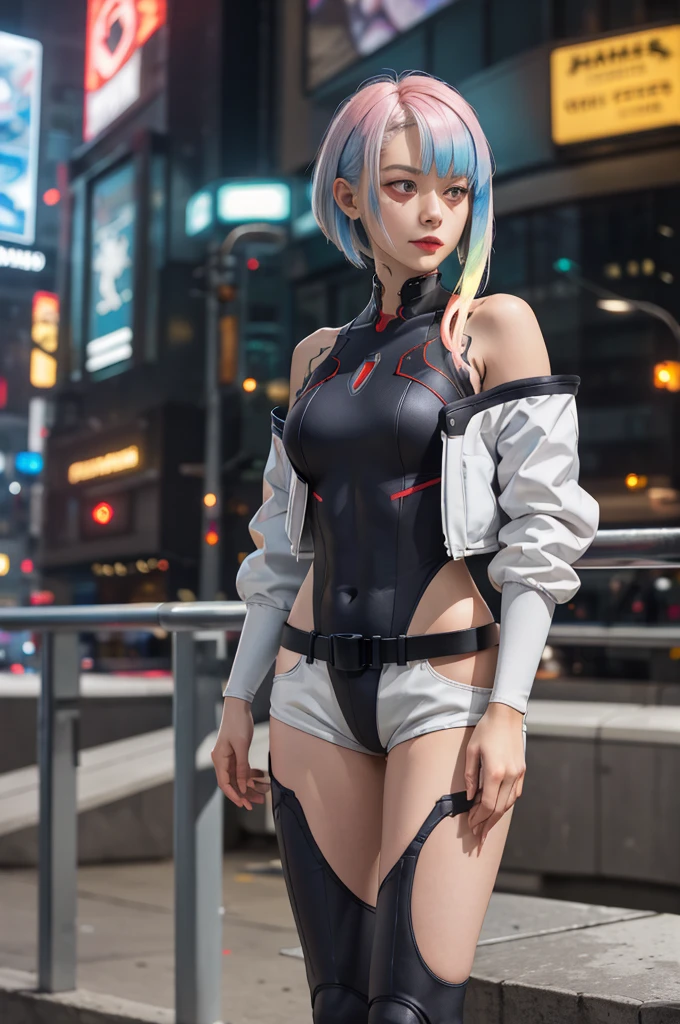 masterpiece, best quality, highres, lu1, cyborg, multicolored hair, makeup, bare shoulders, black leotard, highleg leotard, (thong:1.1), white jacket, open jacket, belt, shorts, cowboy shot, cyberpunk, standing,