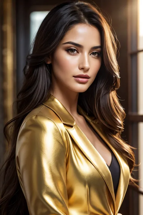 (high quality, realistic:1.2), portrait, beautiful flowing hair, beautiful Momica Bellucci, wearing a sexy jacket, detailed eyes...