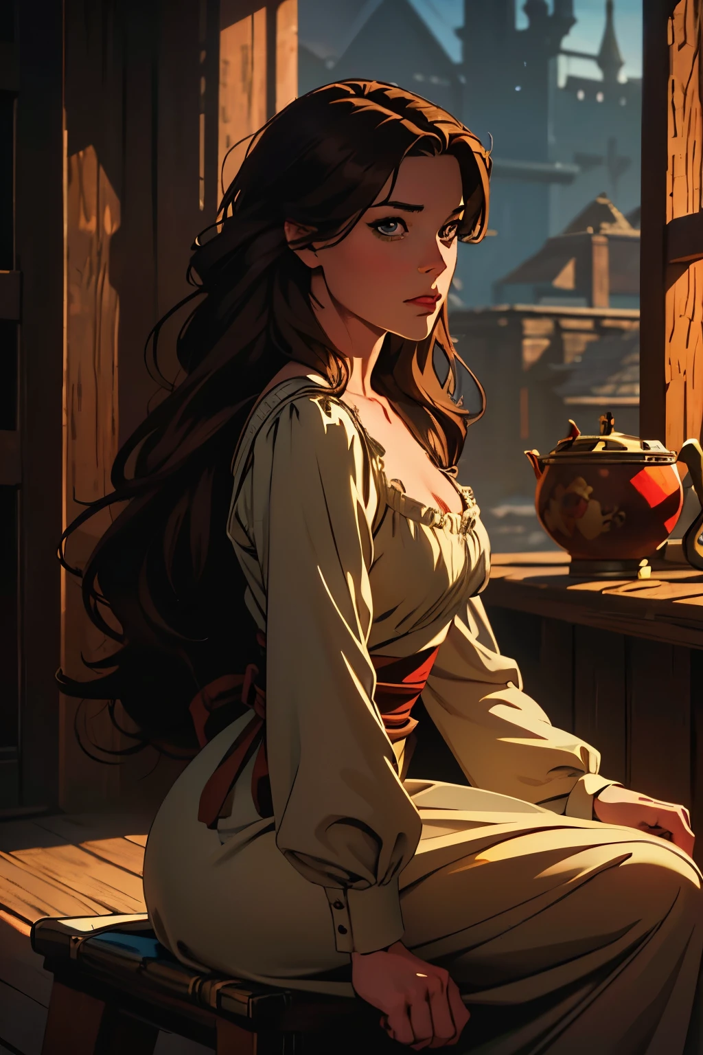 solo, ((masterpiece)),((high resolution)),((best quality)), extremely fine and beautiful, super fine illustration, (realistic skin), (insanely detailed anime eyes), mature, vivid and beautiful, shocking sensation, incredibly detailed, beautiful detailed girl, side view, looking at viewer, (cotton dress and surcotte ), long dress, (tavern wench), drifter, peasant, lowborn, vagrant, (medieval), ((brown hair)), (very long hair), (small breasts:0.9), (plump thighs:0.6), (wide hips:0.6), (plump ass:0.7) movie lighting, perfect shadow, realistic dark lighting, shaded,  long shadows, medieval scenery