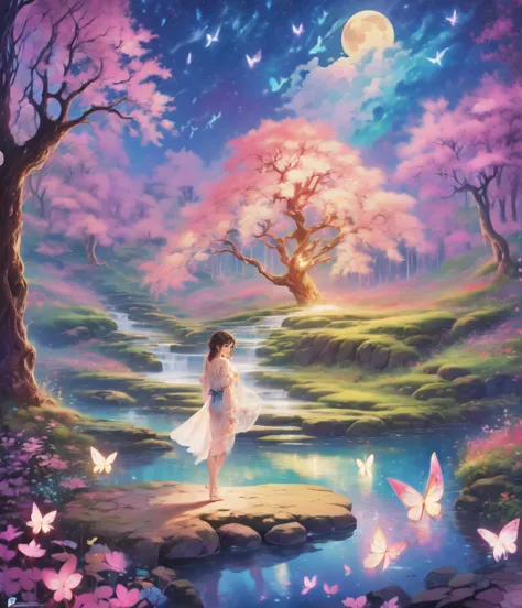 ((best quality)), ((masterpiece)), (detailed), ethereal beauty, perched on a pink blossom tree, (fantasy illustration:1.3), ench...