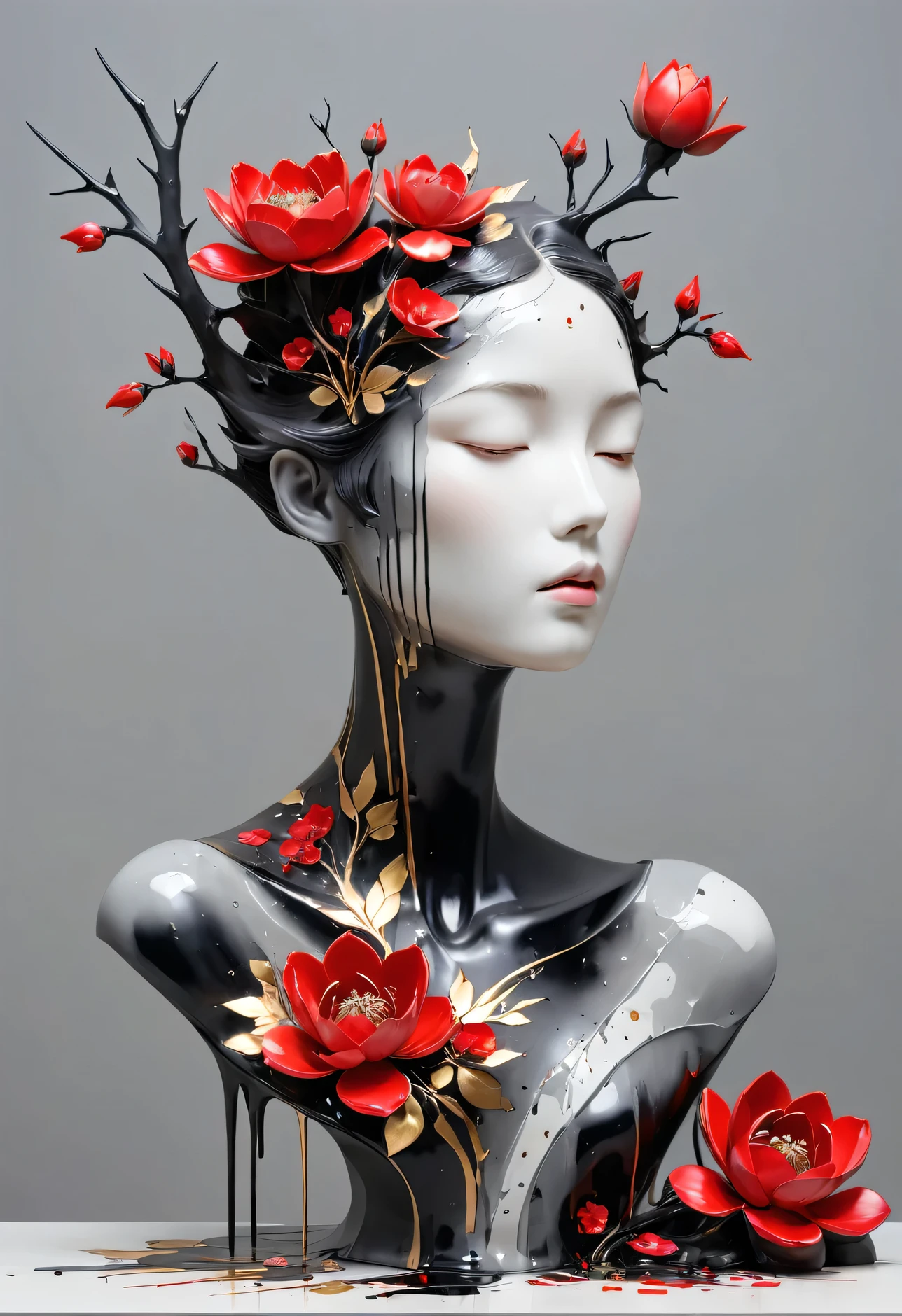 ((exhibit，Still Life Table，Artistic statues，3D Sculpture，ceramics，Surface cracks，Shattered Texture)), grace，Slender neck，Show the beauty of nature.Black and red theme，Thorns，Surrounded by flowers，Dripping paint，Artistic Creativity：1.37.Kaneko，Golden powder， This artwork is presented on a grey background，Emphasize its artistic quality.Ray Tracing
