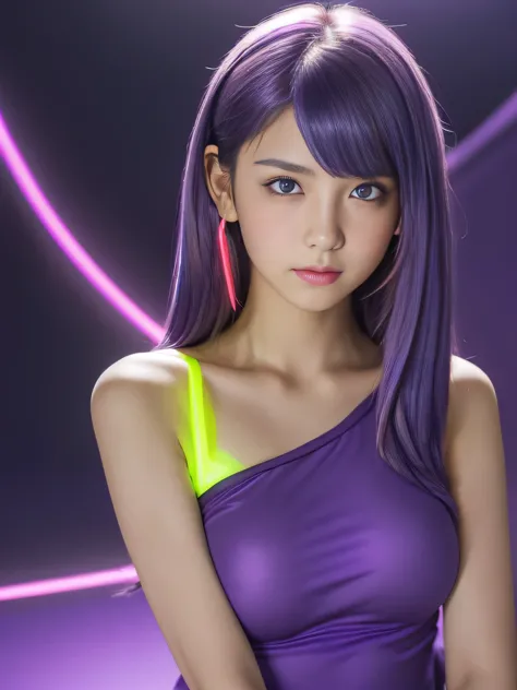 ,13 years old, junior high school girl, (huge breasts:1.4)、(Neon Purple Theme:1.2), masterpiece, highest quality, 4K, (Realistic...