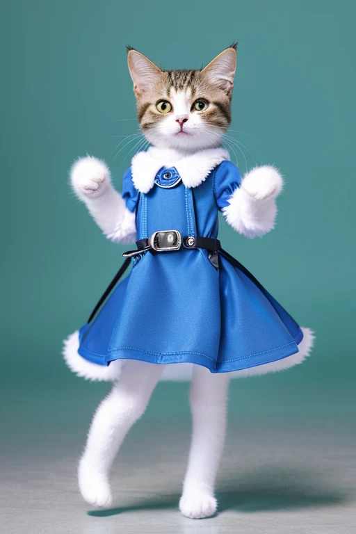 Cat、Standing on two legs like a human。With detailed fur and expressive eyes、Wearing a blue dress and suspenders、She has a blue ribbon on her head。The cat is dancing