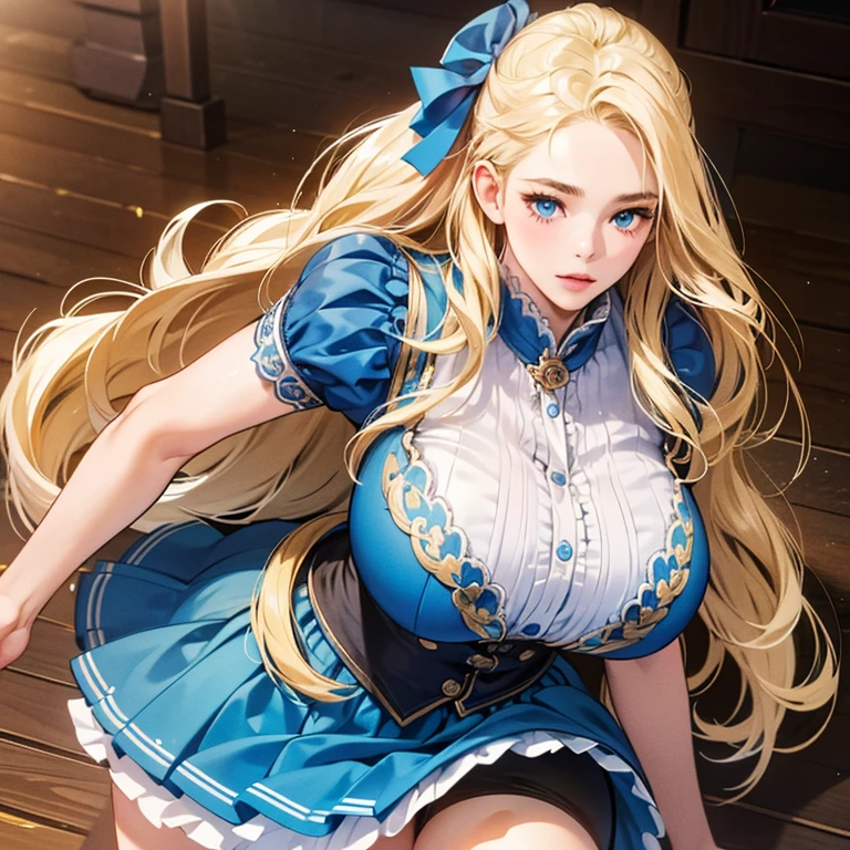 high quality, 最high quality, photo-Realistic, RAW Photos, Realistic, ultra Realistic 8k cg, Very detailed, High resolution, masterpiece, One girl, Long Hair, Blonde, blue eyes, Face and eye details, close, Intricate details, Detailed Texture, In detail, Super big breasts, super mini skirt, plump