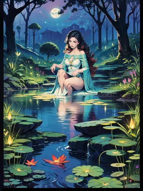 "Moonlit priestess, tropical oasis, magical pond, nocturnal mysteries, ethereal enchantment"