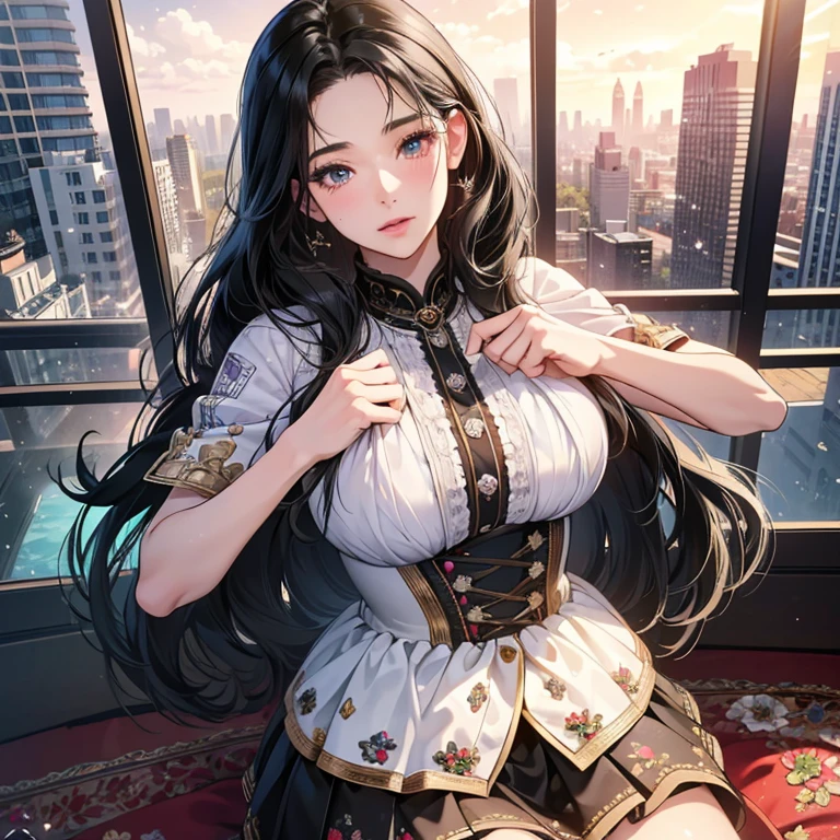 high quality, 最high quality, photo-Realistic, RAW Photos, Realistic, ultra Realistic 8k cg, Very detailed, High resolution, masterpiece, One girl, Long Hair, Black Hair, Iris, Face and eye details, spread, Intricate details, Detailed Texture, In detail, Extra large breasts, super mini skirt, plump, gorgeous ornaments, embroidery