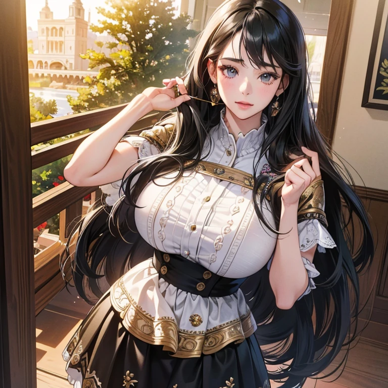 high quality, 最high quality, photo-Realistic, RAW Photos, Realistic, ultra Realistic 8k cg, Very detailed, High resolution, masterpiece, One girl, Long Hair, Black Hair, Iris, Face and eye details, spread, Intricate details, Detailed Texture, In detail, Extra large breasts, super mini skirt, plump, gorgeous ornaments, embroidery