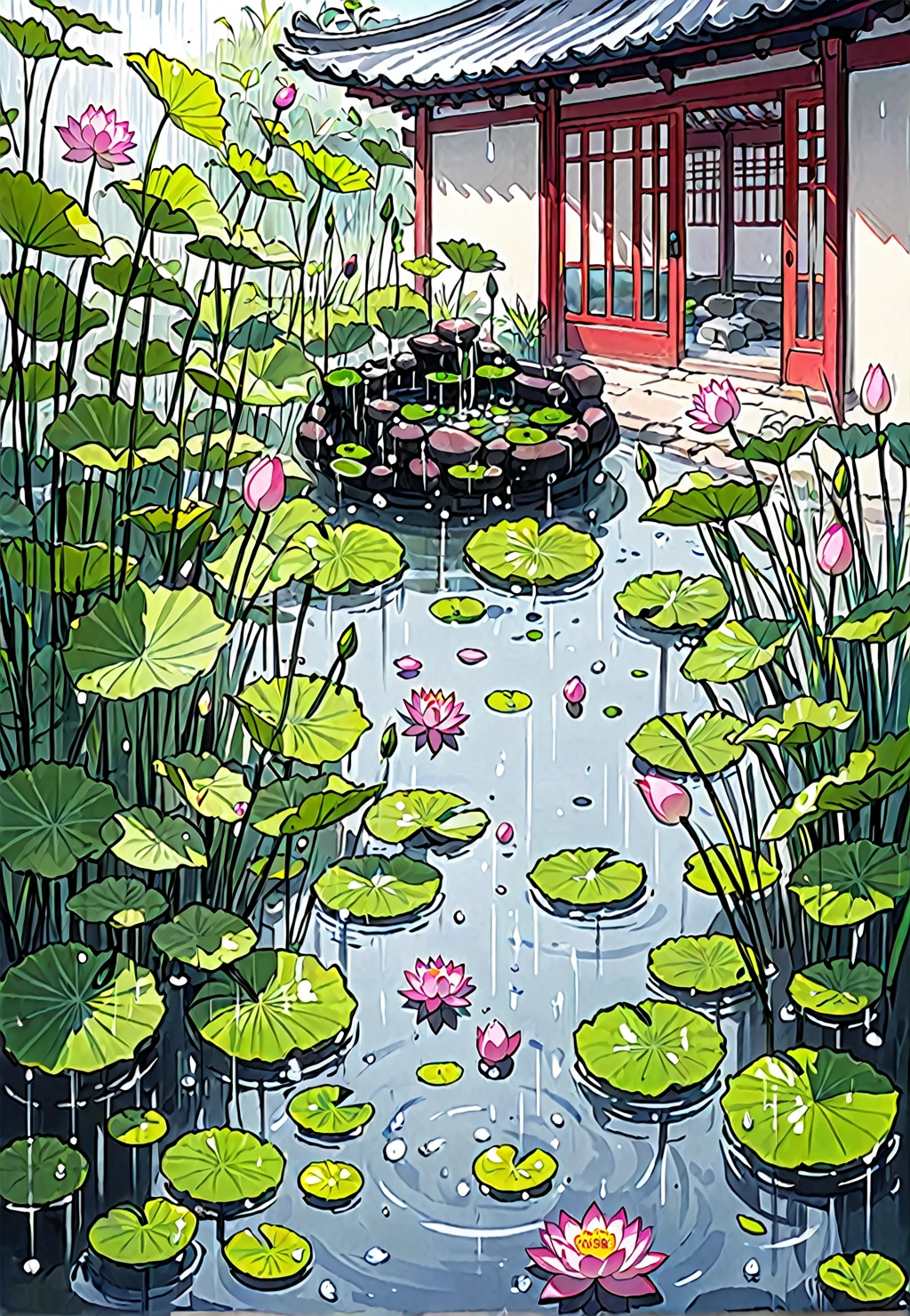 In the small pond，The water grass in the wind makes a loud sound，The lotus flowers after the rain exude a refreshing fragrance，Filling the entire courtyard。Plums and melons from the well with cold water，As cool and refreshing as ice and snow。