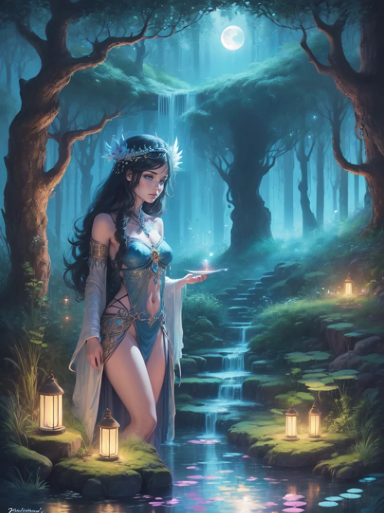 "Moonlit priestess, tropical oasis, magical pond, nocturnal mysteries, ethereal enchantment"