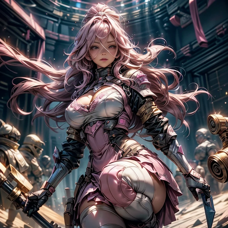 Pink-haired Scandinavian girl wearing half-plate armor and a frilly skirt over a skin-tight bodysuit, (Pink Long Hair:1.4), Pink Eyes,Attractive breasts、High resolution (High Dynamic Range), Ray Tracing, NVIDIA, Super Resolution, Scattered under the surface, Anisotropic Filtering, Written boundary depth ,Maximum clarity and sharpness, Surface Shading, Two-tone lighting、Camel Toe、Giant tit、Nipple Puffs、Cleavage、Plump、Super big breasts、Super big butt