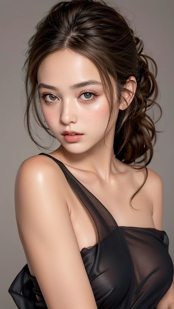 highest quality, masterpiece, ultra high resolution, (photorealistic:1.4), RAW photo,1 girl, alone, realistic, lips, (looking at the viewer), Upper body, simple background, brown eyes, black dress, off shoulder,Less cloth, naked portrait, nude photography, shiny nipple, show armpit 