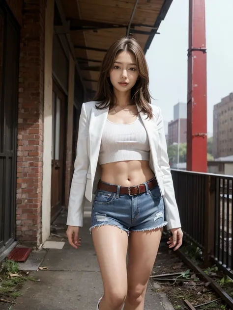 masterpiece,highest quality,High resolution,Full Body View,White jacket,Red innerwear,Belly button,Belted denim mini shorts,The ...