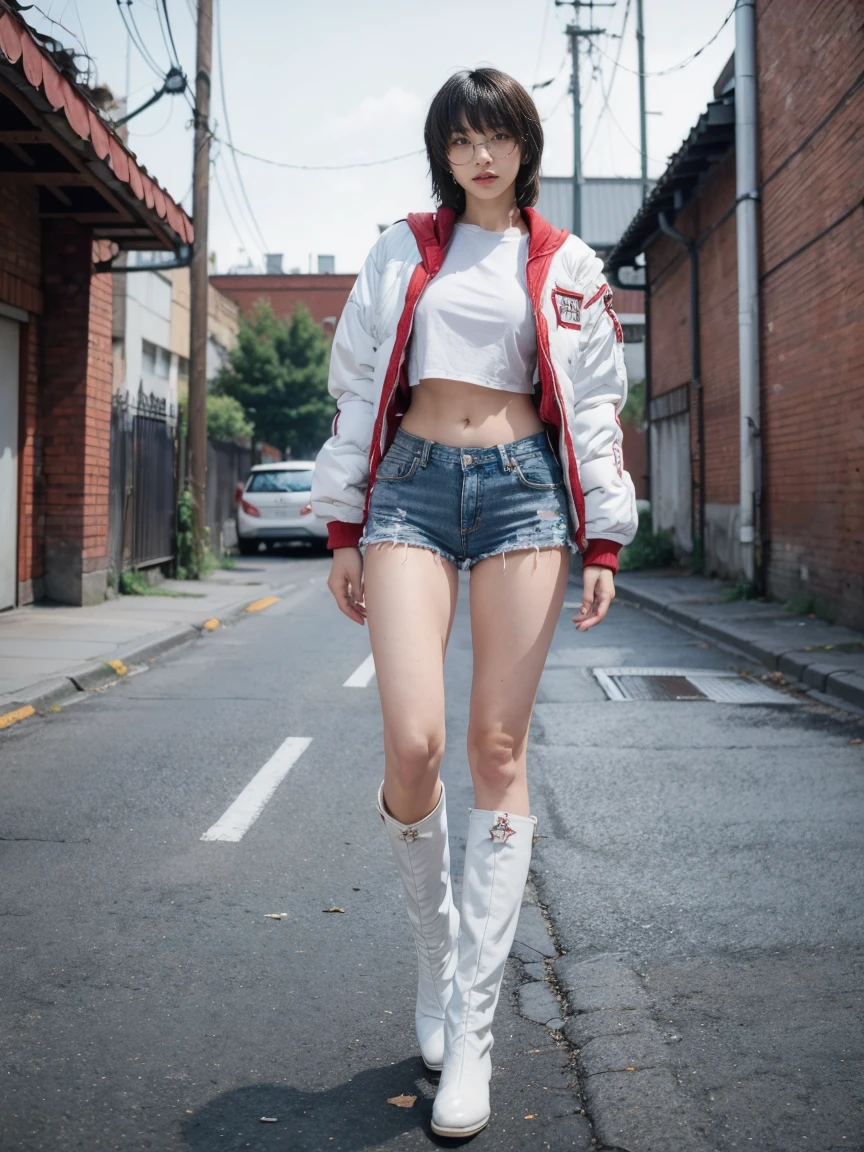 masterpiece,highest quality,High resolution,Full Body View,White jacket,Red innerwear,Belly button,Belted denim mini shorts,The heroine in white cowboy boots,Perfect Legs,Perfect Skin,Perfect Arms,Abdominal muscles,The background is an abandoned factory