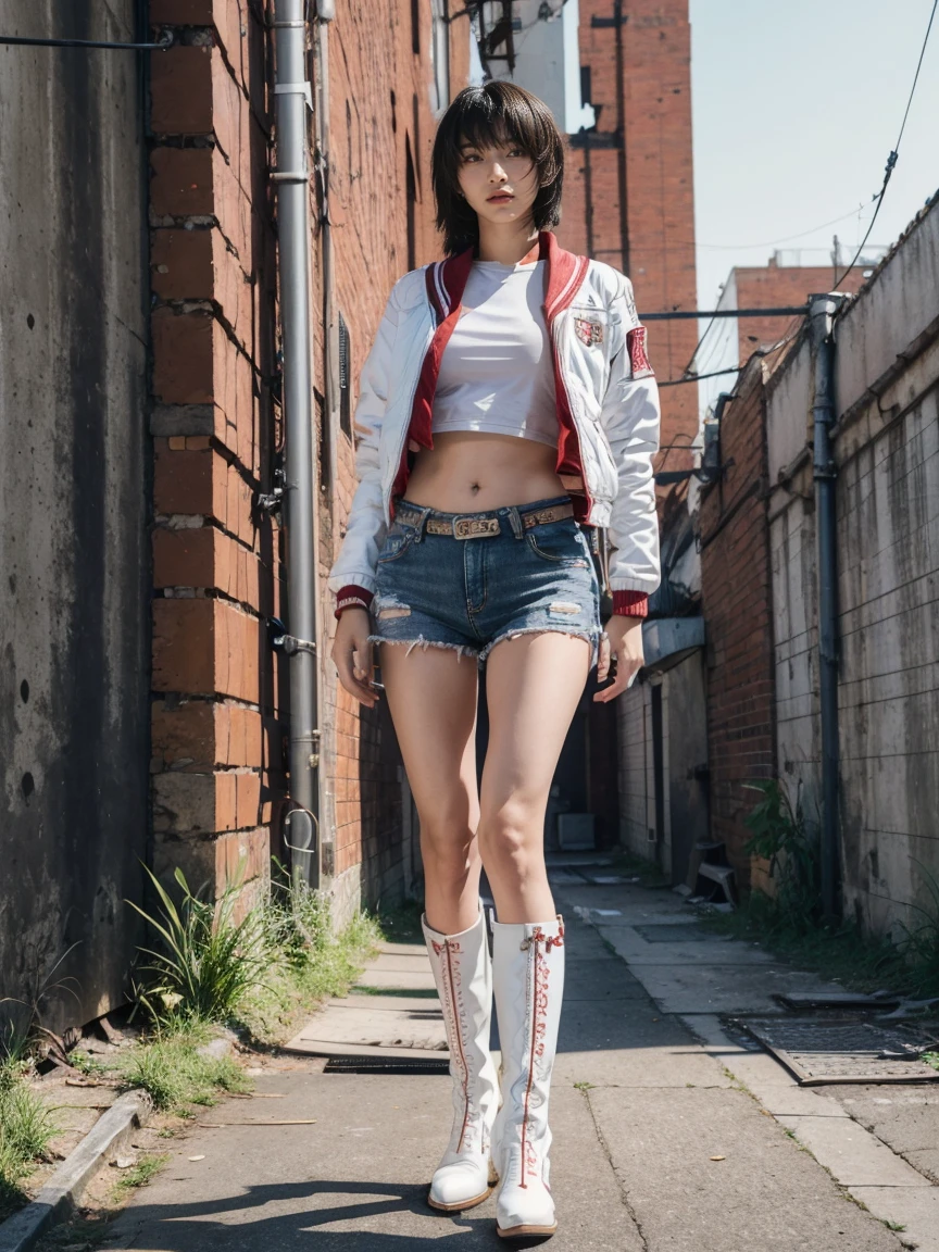 masterpiece,highest quality,High resolution,Full Body View,White jacket,Red innerwear,Belly button,Belted denim mini shorts,The heroine in white cowboy boots,Perfect Legs,Perfect Skin,Perfect Arms,Abdominal muscles,The background is an abandoned factory