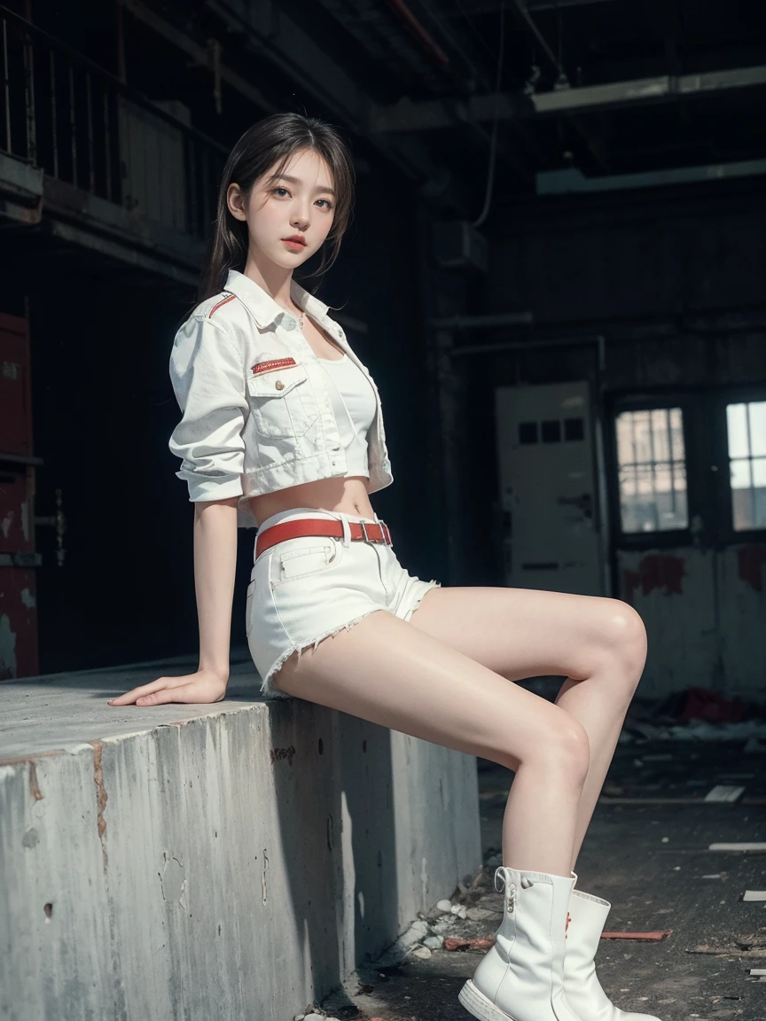 masterpiece,highest quality,High resolution,Full Body View,White jacket,Red innerwear,Belly button,Belted denim mini shorts,The heroine in white cowboy boots,Perfect Legs,Perfect Skin,Perfect Arms,Abdominal muscles,The background is an abandoned factory