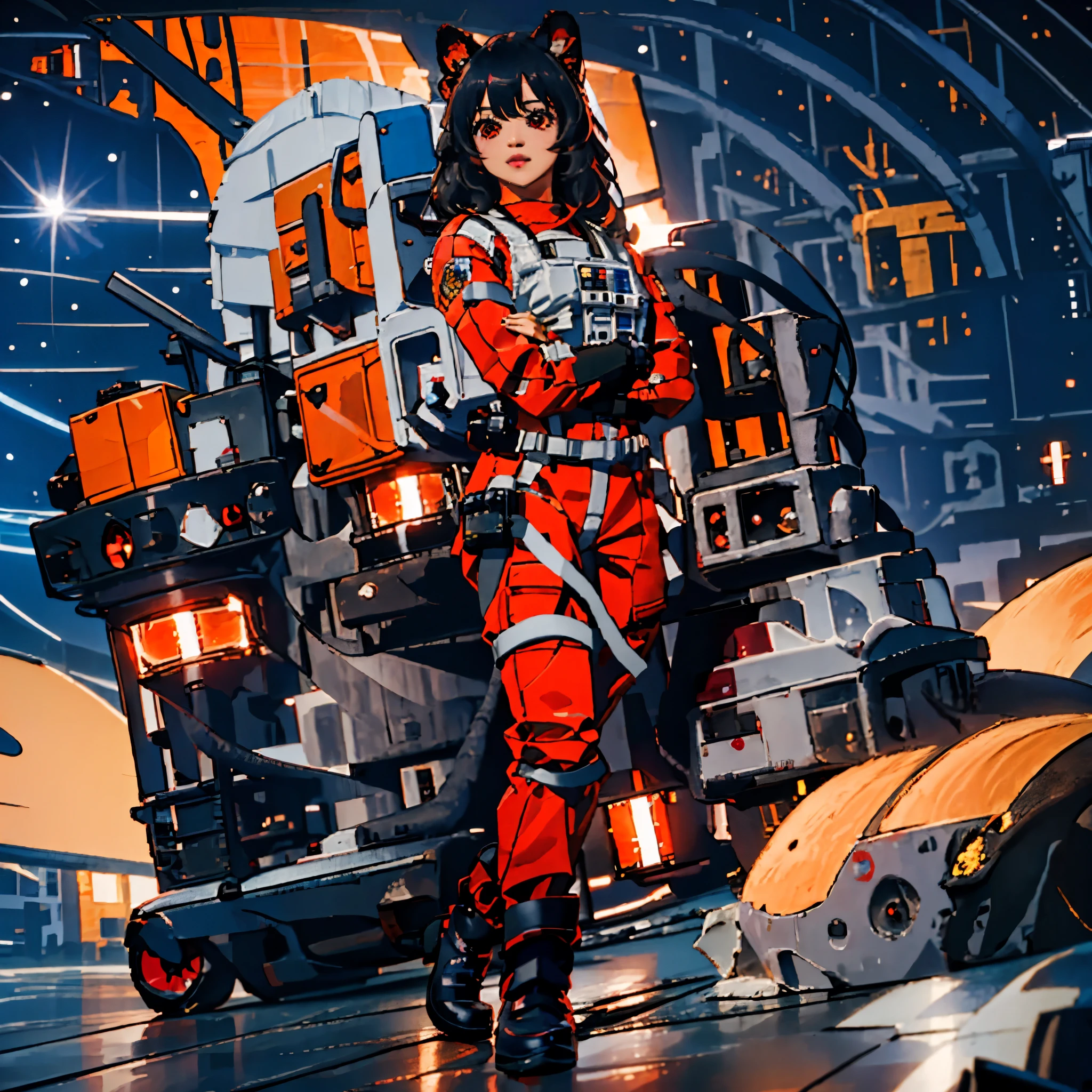 junkotvv with rebel pilot suit in the air force hangar.,(long black hair with cat ears), (Red eyes), raw photo, 8k hd, DSLR, Soft lighting, high quality,(space, Galaxy)