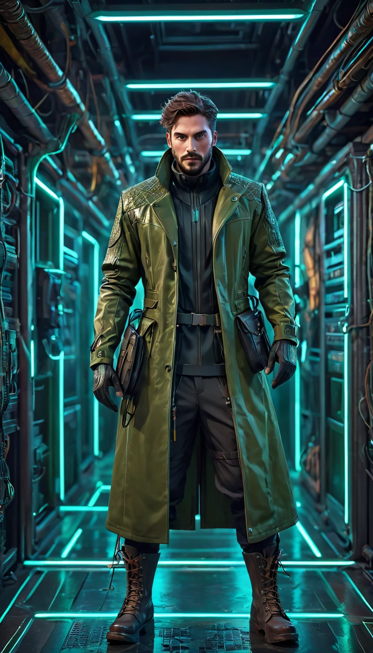 An adventurer of the virtual worlds, robust and determined, standing frontally in a walking stance, as if resolutely moving forward. A man in his late thirties, with angular features, slightly weathered by action. His hair is short, a mess of dark brown. His piercing green eyes scan the horizon with concentration.

He wears a hi-tech exploration suit with retro-futuristic influences. Tight-fitting olive-green trellis reinforced at the joints with copper alloy plates. A long stalking coat in supple dark-brown leather, lined with wires and braided lights at the back. Sturdy boots with luminous soles. Various bags and technical tools hang from a multifunction belt at his waist.

The background is a stylized, abstract digital environment that could be the interior of a computer network or three-dimensional cyberspace. A tangle of complex geometric structures in bluish and violet tones, with coded data effects in perpetual motion.

The graphic style must be realistic with a slightly stylized touch. Textures are worked in, especially on the clothes. The overall impression is one of perilous but exciting adventure in the heart of virtual worlds.