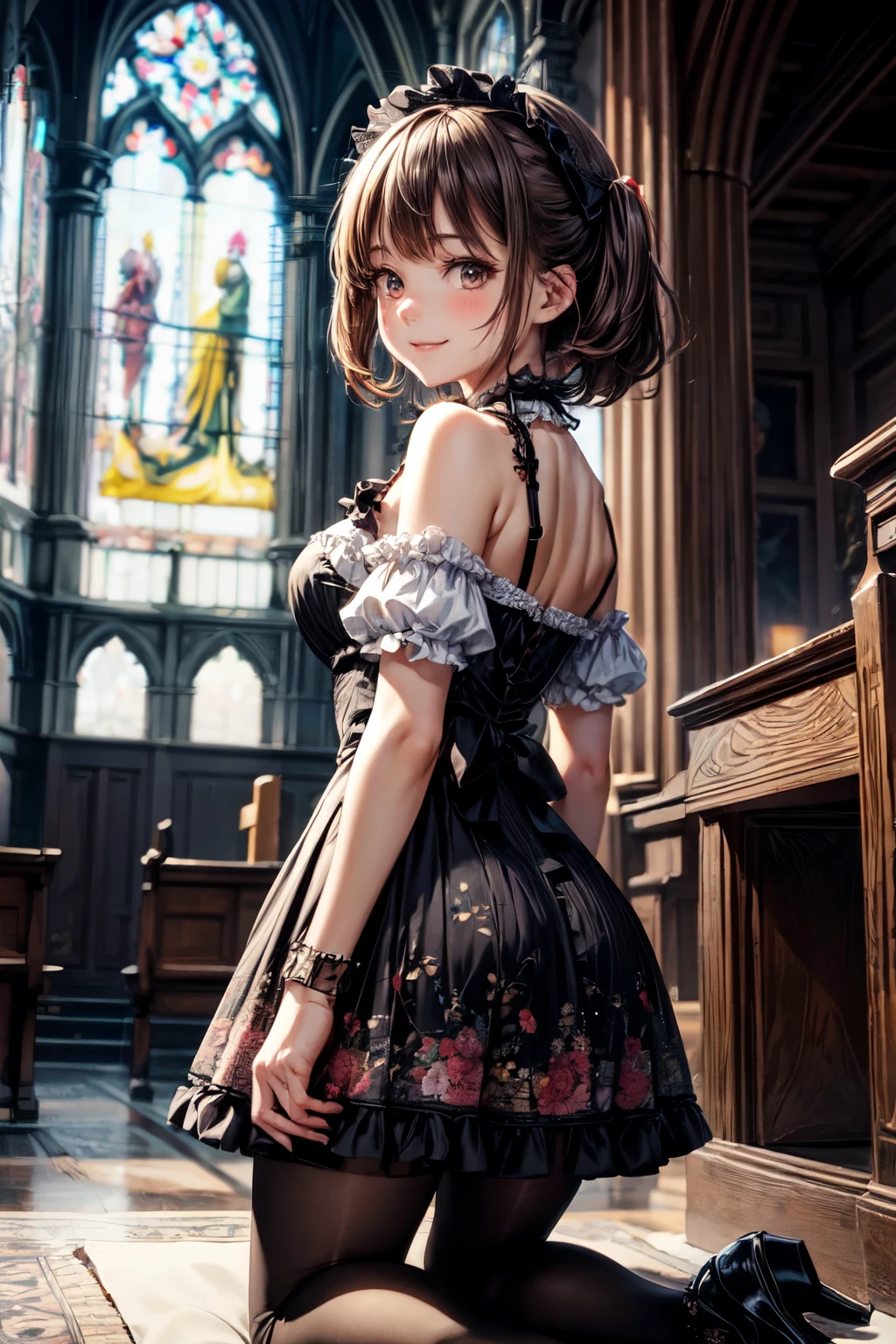 very cute and beautiful girl,(highly detailed beautiful face),(smile:1.2),blush,embarrassed,black hair,looking at viewer,
(floral pattern brown lolita dress with detailed frills),detailed lace,
kneeling,arms behind back,altar,church,indoors,
(best quality,masterpiece),absurdres,highres,ultra-detailed,extremely detailed,32k,8k resolution,
intricate details,cinematic scene,detailed background,solo,dynamic angle,