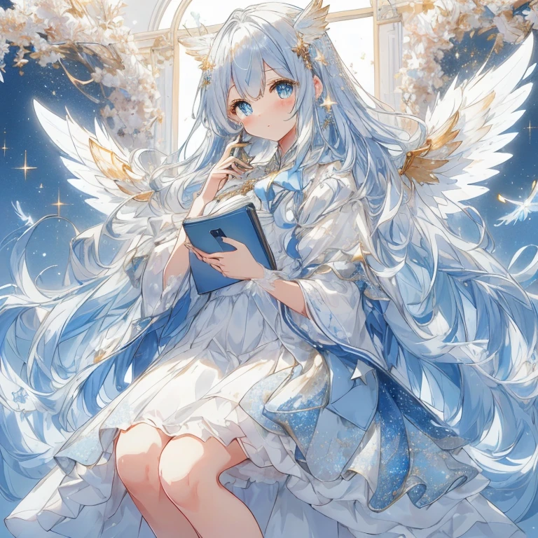 Um anjo com uma atmosfera brilhante e fofa no trabalho. Ela é uma bishoujo moe estilo anime com grandes olhos azuis brilhantes e uma pele fofa., expressão calma. (((Ela abre e olha sua agenda com a mão esquerda enquanto faz uma ligação no smartphone com a mão direita.))) She is wearing an angel long dress with fine delicado frills, muitas fitas e enfeites em forma de estrela. Seu grande, delicado, asas brancas translúcidas acentuam a atmosfera fantástica. Seu cabelo longo é volumoso e ondulado. Jóias brilhantes adornam seu cabelo, dando a ela um visual fofo e gracioso. Um arcanjo de classe alta. O fundo é um mundo onírico de poeira levemente brilhante. O céu é um lindo céu estrelado, e a cor azul clara suave geral realça sua atmosfera fantástica e suave. (( A mais alta qualidade de imagem, mais alta qualidade ))