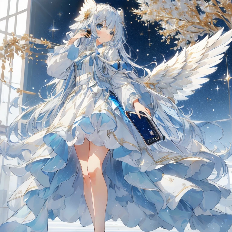 An angel with a sparkling and cute atmosphere at work. She is a moe anime-style bishoujo with big sparkling blue eyes and a fluffy, calm expression. (((She opens and looks at her schedule book with her left hand while making a phone call on her smartphone with her right hand.))) She is wearing an angel long dress with fine delicate frills, many ribbons and star-shaped ornaments. Her large, delicate, translucent white wings accentuate the fantastic atmosphere. Her long hair is voluminous and wavy. Glittering jewels adorn her hair, giving her a cute and graceful look. An upper class archangel. The background is a dreamy world of faintly glowing dust. The sky is a beautiful starry sky, and the overall soft light blue color enhances her fantastic and gentle atmosphere. (( highest image quality, highest quality ))