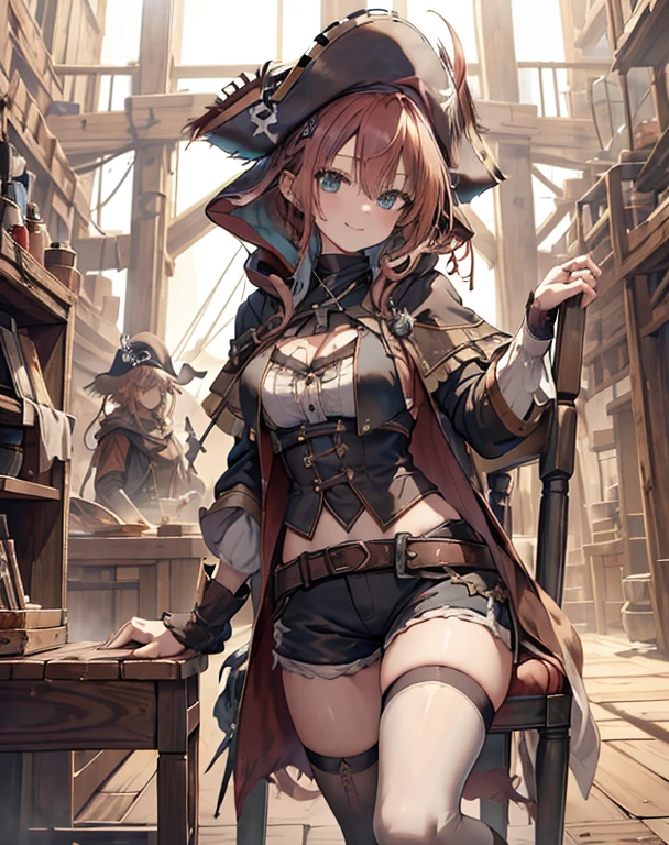 masterpiece, 1girl, sparrow, a red haired girl, wearing a white medieval pirates clothes, curly medium hair, messy hair, slim body, wearing brown capelet with hoody, he close her left eye, shirt ornament, aqua eyes, sho show her back, ahoge, black vest, baby face, big breast, beautiful breasts, rounded breasts, braid hair, pirates hat, long sleeves, beautiful eyes, white stocking, droopy eyes, shorts, her age is 1, seductive smile, priest chair