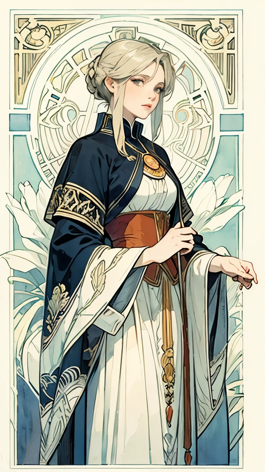 ((masterpiece)), (highest quality), (Cinematic),  Art Nouveau watercolor , Floral_background, Intricate designs and patterns in the style of Alphonse Mucha，Artoria Pendragon，destiny/stay
