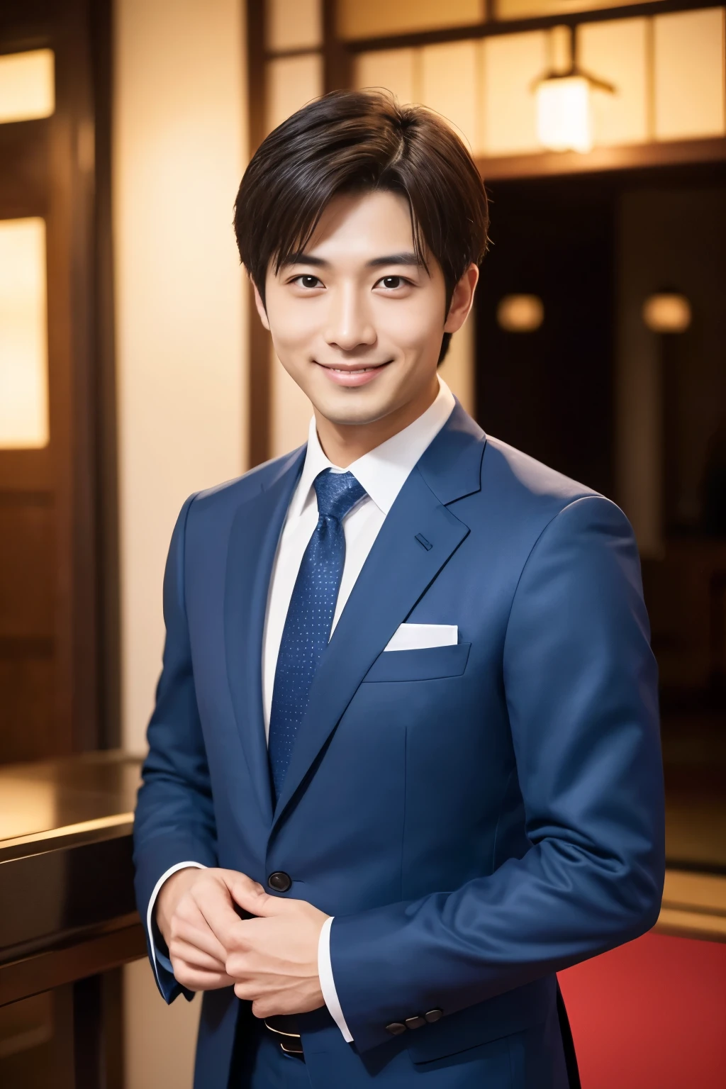 (highest quality、Best image quality、超A high resolution)、Japanese、Handsome man、30 years old、Happy young Japanese businessman president、Very attractive businessman, Elegant costumes and halls々Stand with arms folded and a smile、masterpiece、Photo realistic、The background is blurred、Big smile、Latest stylish suits 、Medium Hair、Super cool、Twink、Soft skin and a nice perfect face、8k、Surreal、