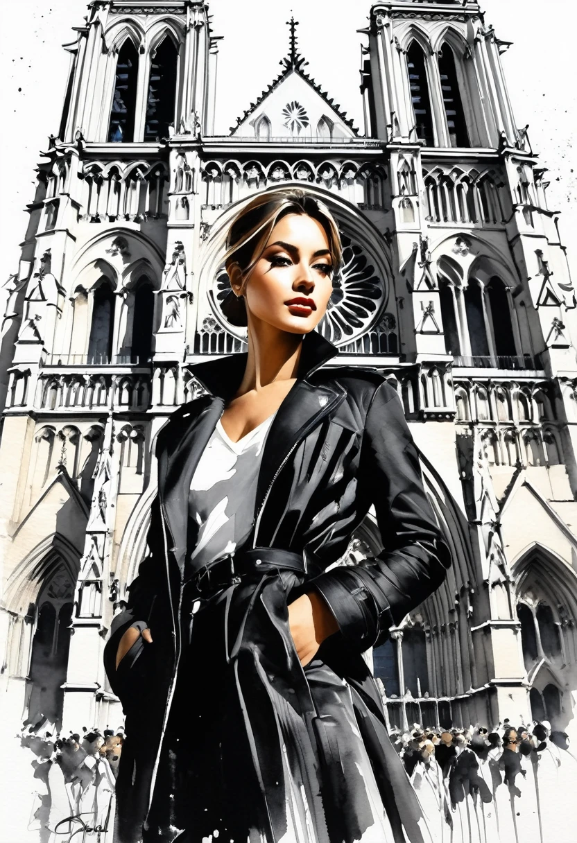 portrait, Fermer, chef-d&#39;œuvre, Meilleure qualité, demi-corps, une seule très belle femme française en vêtements de styliste, Style de peinture à l&#39;encre, Monument de la cathédrale Notre-Dame, Poses parfaites,
couleurs douces, Traits lisses, faible angle, peinture à l'encre dans le style de tels artistes, Style par Gabriele Dell&#39;otto, L&#39;IA à mi-parcours, couleurs vives et saturées, Des peintures,
Darek Zabrocki, Russ Mills, Antonio Mora, Benoît Bana, sakimichan, Loïsh,Affiche de film