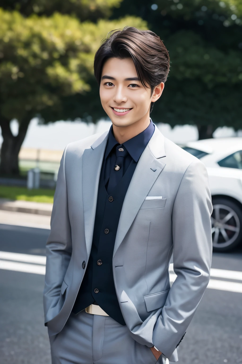 (highest quality、Best image quality、超A high resolution)、Japanese、Handsome man、30 years old、Happy young Japanese businessman president、Very attractive businessman, Black suit、Elegant costumes and halls々Stand with arms folded and a smile、masterpiece、Photo realistic、The background is blurred、Big smile、Latest stylish suits 、Medium Hair、Super cool、Twink、Soft skin and a nice perfect face、8k、Surreal、