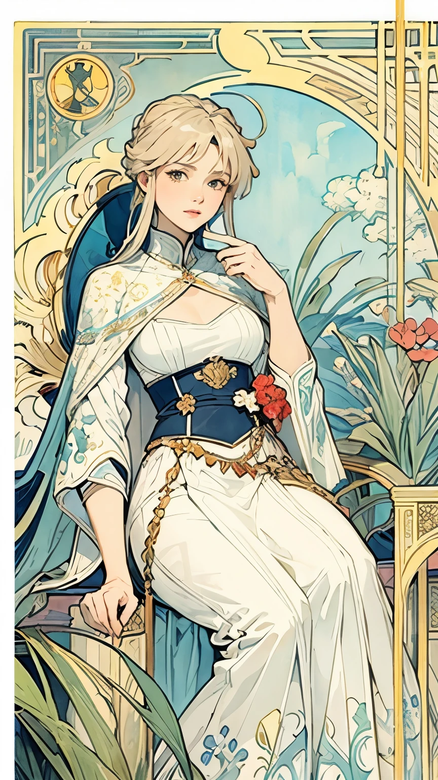 ((masterpiece)), (highest quality), (Cinematic),  Art Nouveau watercolor , Floral_background, Intricate designs and patterns in the style of Alphonse Mucha，Artoria Pendragon，destiny/stay