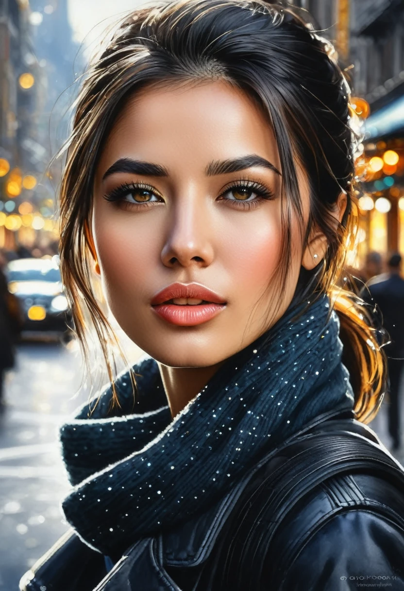 Radiant realism. Irridescent bokeh. Beautiful woman. Detaiked face. Amazing street background. High contrast. Closed mouth., Watercolor, trending on artstation, sharp focus, studio photo, intricate details, highly detailed, by greg rutkowski