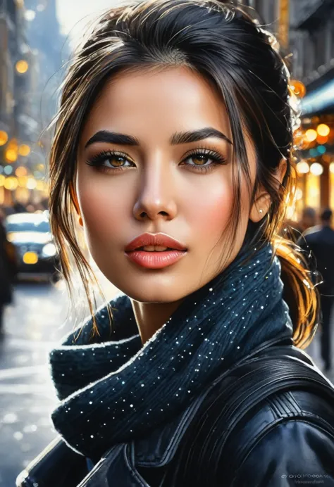 radiant realism. irridescent bokeh. beautiful woman. detaiked face. amazing street background. high contrast. closed mouth., wat...