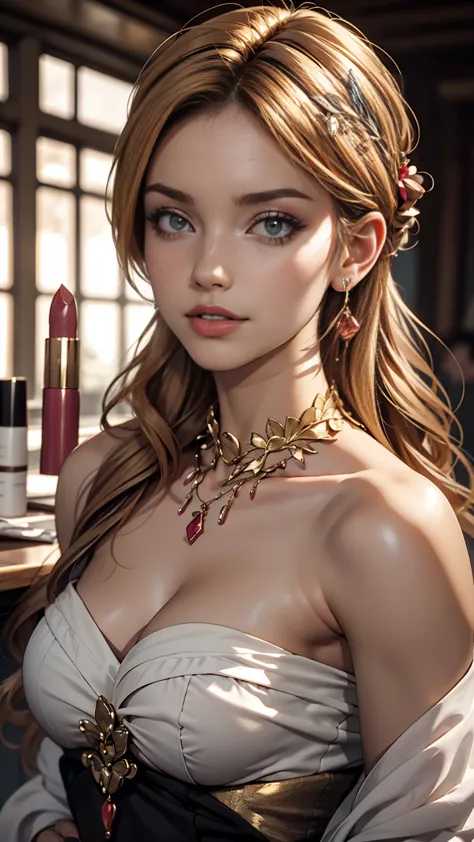 Beautiful woman paints her lips with lipstick. Beautiful woman face, Fine details, high quality, high quality. Vivid and True Co...