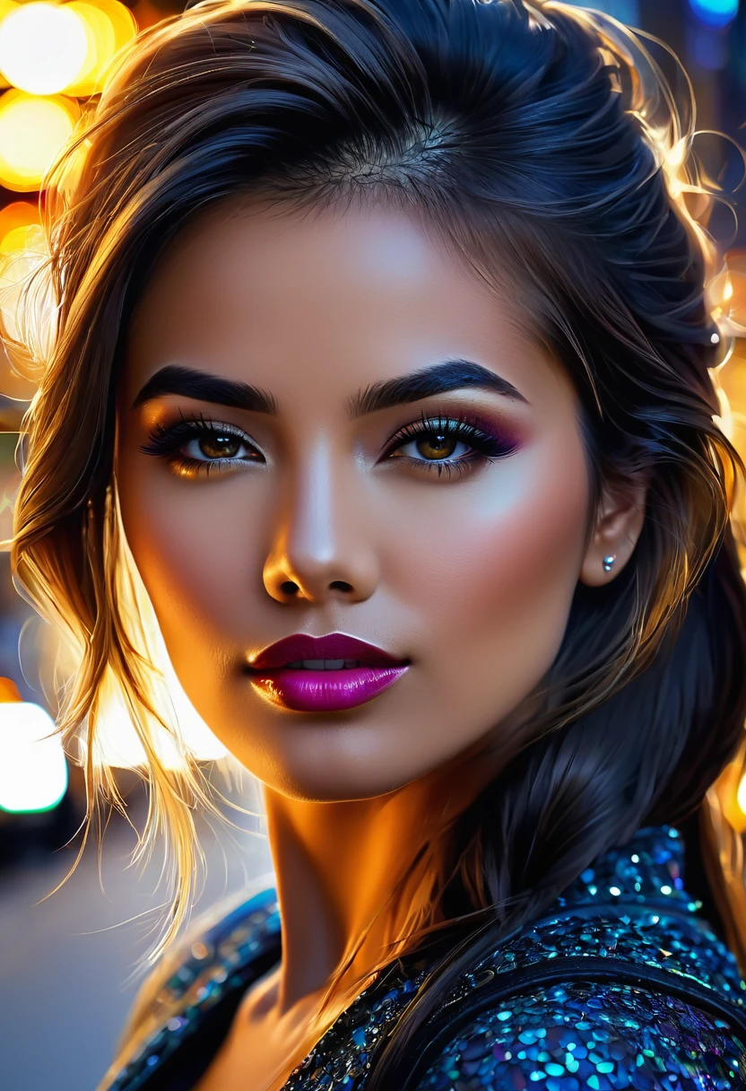 Portrait, close-up, Radiant realism. Irridescent bokeh. Beautiful woman. Detaiked face. Amazing street background. High contrast. Closed mouth., Watercolor, trending on artstation, sharp focus, studio photo, intricate details, highly detailed, by greg rutkowski