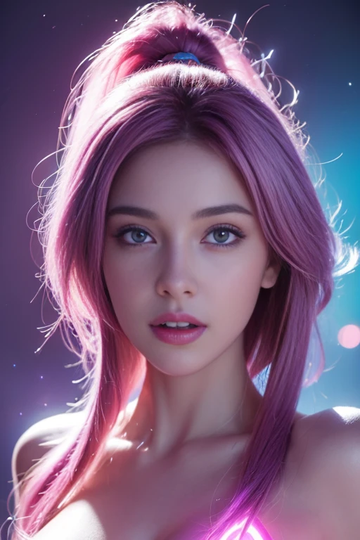 A portrait of beautifully stunning woman, naked, fair skin, pink hair, surrounded by a swirling nanodusty plasma in electric blue and vibrant purple, vibrant colors, digital painting, trending in Artstation, cinematic lighting, and dynamic composition.