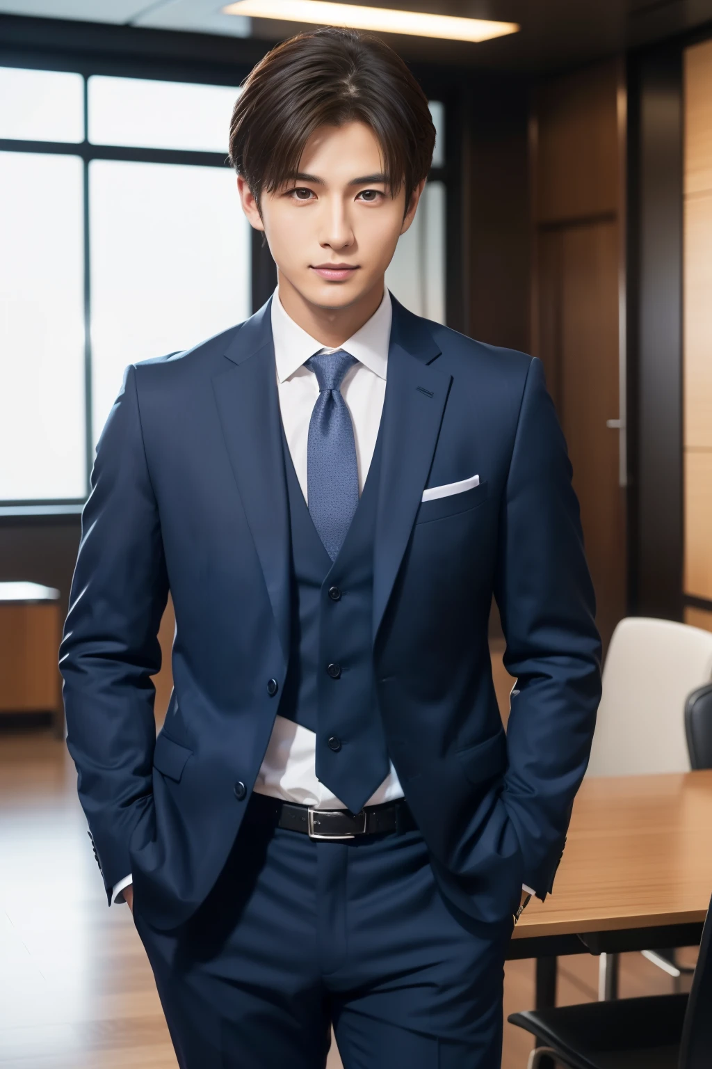 A fresh and handsome 20-year-old new employee、　（A super cool S-class man in a suit）、　20 year old Japanese boys、　Businessman、　Ultra-luxury suits、　Striped suit、　office、　Standing in a suitＳYoung and handsome men、　Full body photo、　（CG Unity 8KのVery detailed写真）、　（Very detailedＳHandsome man in class）、　（Photo realistic）、　　（（highest quality））、　Ultra-detailed、　（masterpiece）、　Ultra HD、　expensive、　Audience、　A kind man、　Very beautiful hair、　Short-haired、　Bright photo、　Handsome like a model、　Handsome like an idol、　Luxury Watches、　Cool Belt、　Japanese