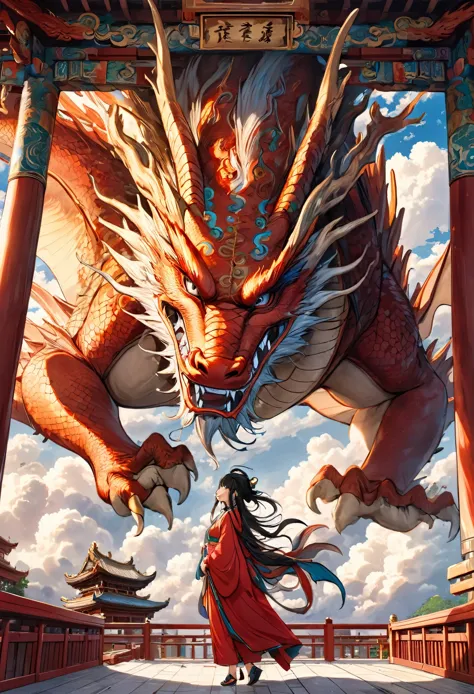 (masterpiece, best quality:1.2), bite_style,1 person,girl,Divine bit,dragon,cloud,Temple,cartoon