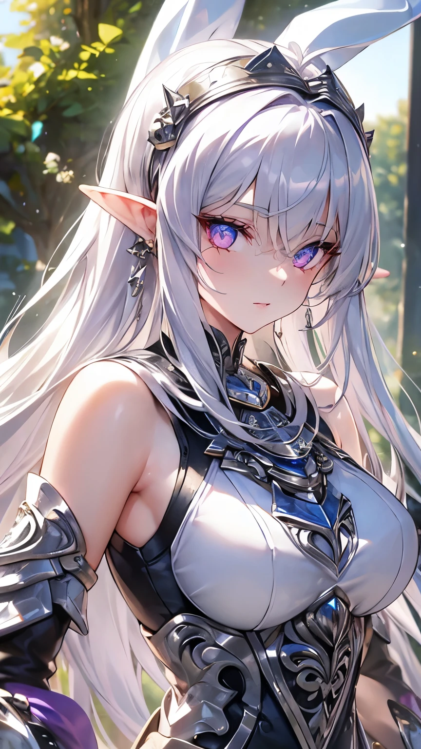 ((silver hair)), highly detailed face and eyes, very long hair, jewelry, purple hairband, long pointy ears, anime, masterpiece, textured skin, (super detail), award winning, (best quality), elf, in forest, Sunbeams filtering through the trees, (Tank top), whole body, beautiful legs, hunting, bow and arrow, eyeball, tsurime, multicolored eyes