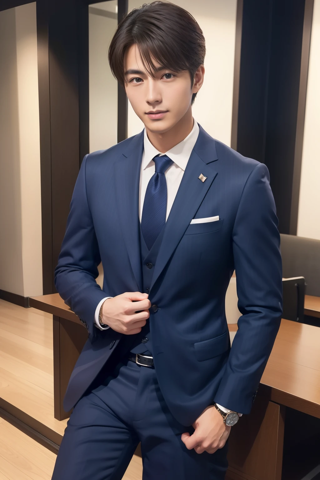 A fresh and handsome 20-year-old new employee、　（A super cool S-class man in a suit）、　20 year old Japanese boys、　Businessman、　Ultra-luxury suits、　Striped suit、　office、　Standing in a suitＳYoung and handsome men、　Full body photo、　（CG Unity 8KのVery detailed写真）、　（Very detailedＳHandsome man in class）、　（Photo realistic）、　　（（highest quality））、　Ultra-detailed、　（masterpiece）、　Ultra HD、　expensive、　Audience、　A kind man、　Very beautiful hair、　Short-haired、　Bright photo、　Handsome like a model、　Handsome like an idol、　Luxury Watches、　Cool Belt、　Japanese