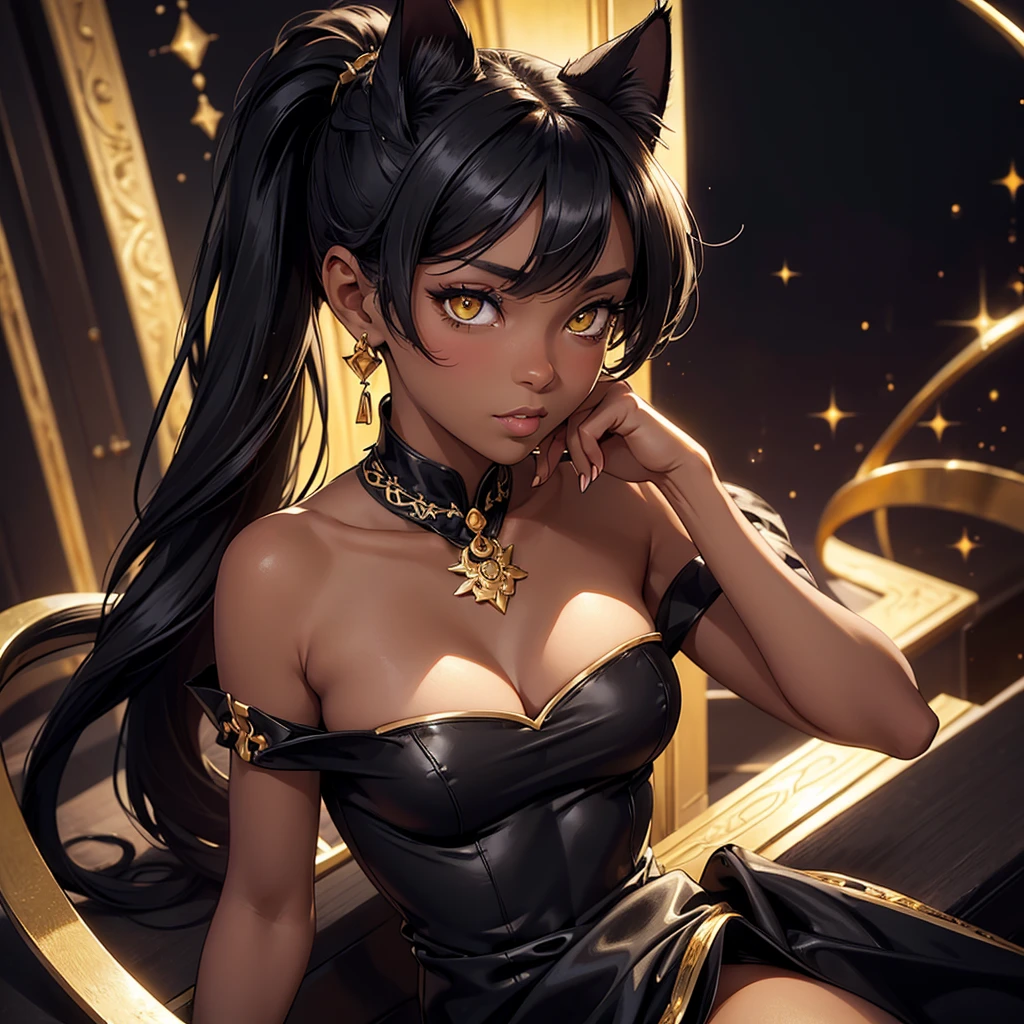 (high resolution, upper body, soft skin:1.2),(best illustration,masterpiece:1.2),ultra-detailed,[(cat ears , black inside:1.2, black ponytail hair, gold eyes, cat eyes, dark skin),vivid colors,sharp focus,studio lighting,bokeh, wearing a gold qupao, dark stockings, high heels, 