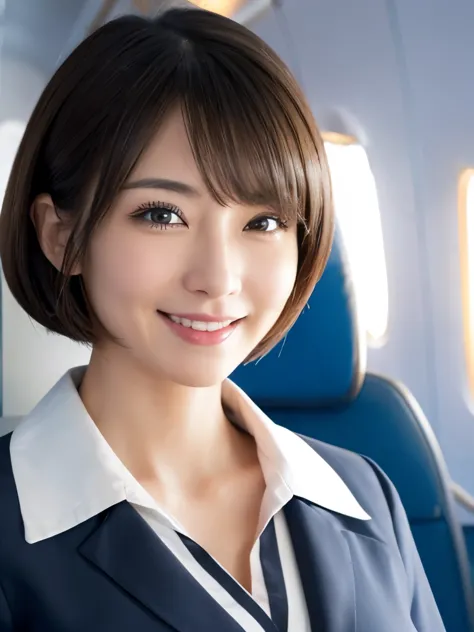 (1 The Ultimate Beautiful Mature Woman), alone, (Flight attendant uniform:1.3), (smile), (Fluffy brown eyes), (Beautiful Face), ...