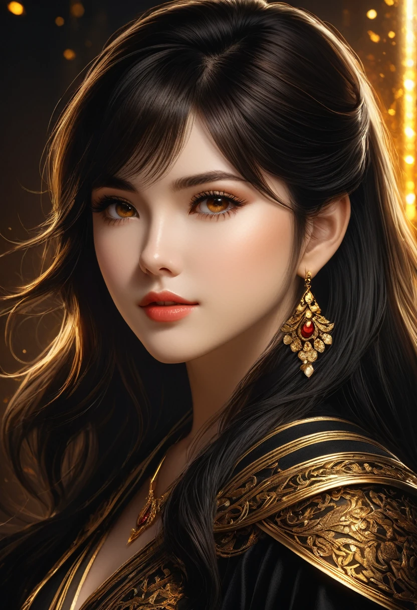 Retrato de menina, fechar-se, foto bruta DSLR (obra de arte, melhor qualidade, detalhado), sombras escuras ricas, vermelho e dourado e preto , Luz dourada, Um retrato WLOP da morena artgerm, bochechas pálidas e macias, Pele macia, Cabelo preto  , exterior, realismo multicamadas, composição perfeita de sombreamento luminoso, super detalhado, 8K, alta qualidade, foco nitído, (melhor qualidade:1.5) Pele texturizada, alunos notáveis e detalhados, ((ruído de pele maçante realista)), ((detalhe visível da pele)), ((penugem da pele)), (pele seca) 