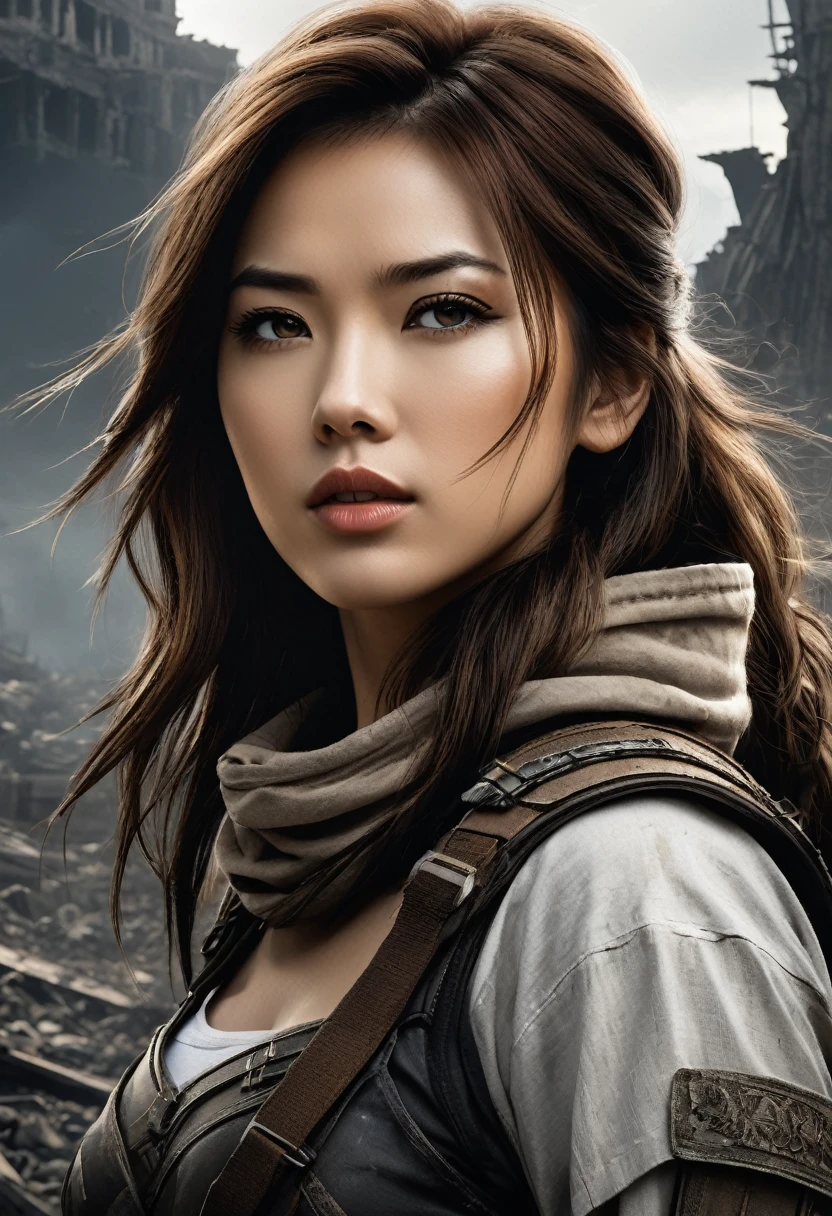 Portrait gerl, Nahaufnahme, ein Cover mit einem schönen weißen Mädchen in einem dunklen Bild, im Stil postapokalyptischer Ruinen, asiatisch inspiriert, schöne Frauen, Filmkulissen, Superhelden, weiß und braun,